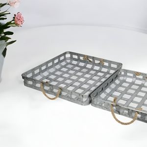 Set of Two Gray Rectangular Metal Handmade Serving Tray With Handles