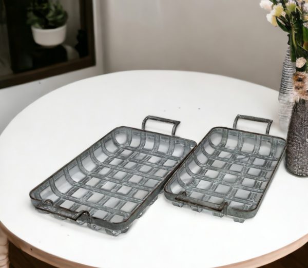 Set of Two Gray Metal Handmade Serving Tray With Handles