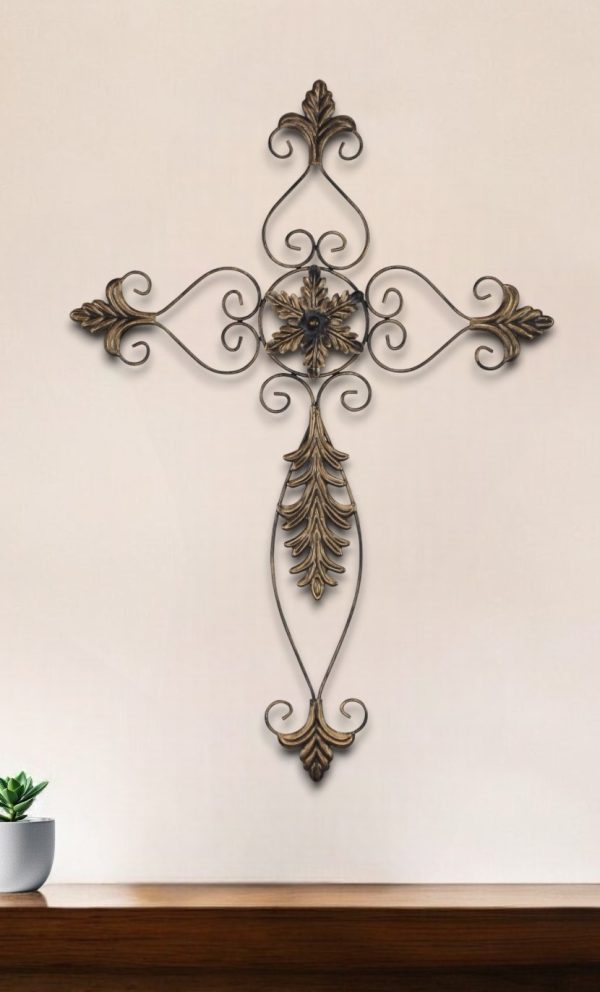 30" X 22" Bronze Floral Cross Metal Hanging Dimensional Sculpture - Image 2