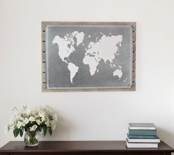 25" X 34" Brown and Gray Wood and Metal World Map Hanging Dimensional Sculpture - Image 2