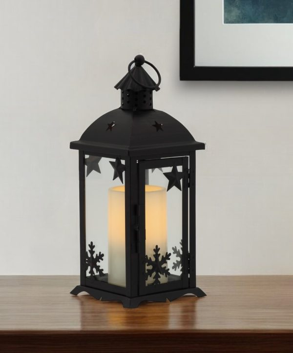 12" Black Glass and Metal Ornate Centerpiece Lantern Candle Holder With Candle - Image 2