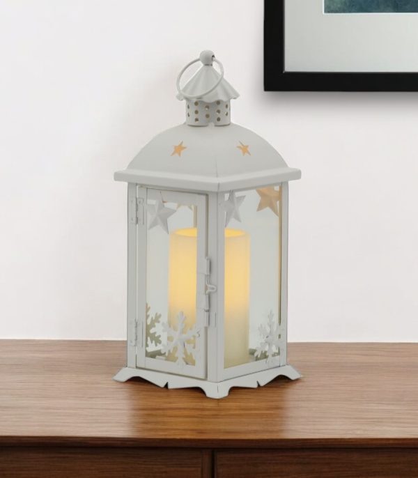 12" White Metal Tabletop Lantern Candle Holder With Candle - Image 2