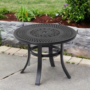 24" Black Rounded Metal Outdoor Bistro Table With Umbrella Hole