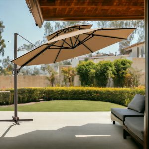 11.5' Tan Polyester Round Tilt Cantilever Patio Umbrella With Stand