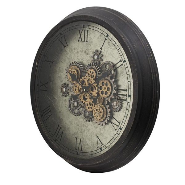 28" Circle Black and Gray Wood and Glass Analog Exposed Gear Wall Clock - Image 3