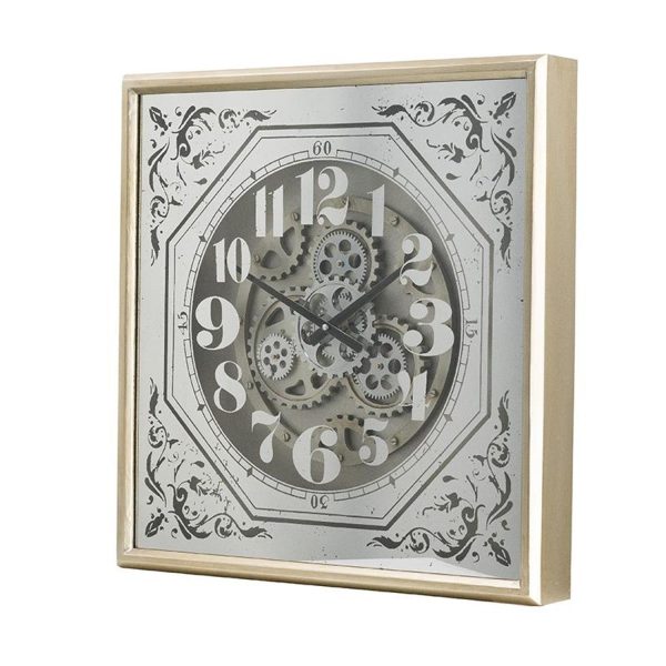 24" Square Gold and Silver Wood and Mirror Exposed Gear Wall Clock - Image 4