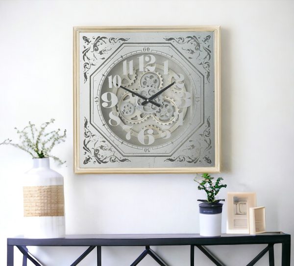 24" Square Gold and Silver Wood and Mirror Exposed Gear Wall Clock - Image 3