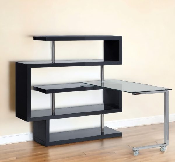 55" Black and Clear Glass L Shape Writing Desk - Image 2