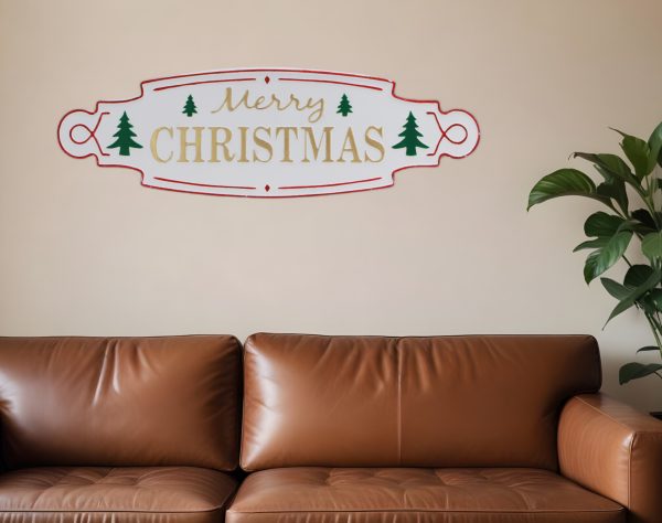 11" X 36" White Green and Red Merry Christmas Metal Wall Decor