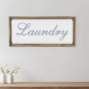 11" X 24" Brown and White Laundry Wood and Metal Wall Decor