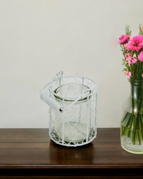 5" White Metal Tabletop Lantern Candle Holder - Image 2