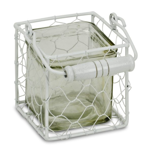 4" White Glass and Metal Lattice Tabletop Lantern Candle Holder - Image 2
