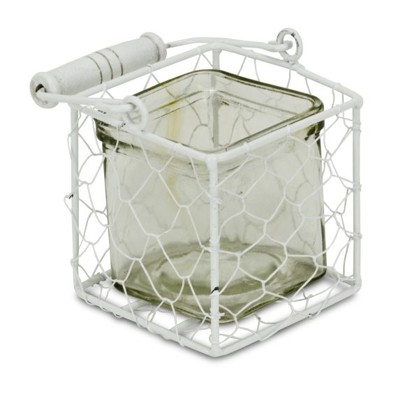 4" White Glass and Metal Lattice Tabletop Lantern Candle Holder - Image 3