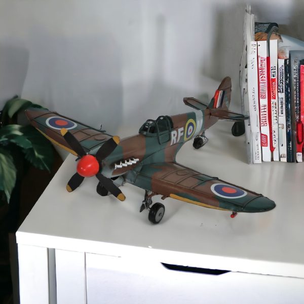 6" Green Metal Hand Painted 1940 Green and Brown Spit Fire Model Airplane - Image 2