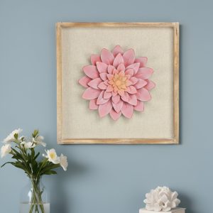 12" X 13" Pink and Off White Flower Wood and Metal Wall Decor