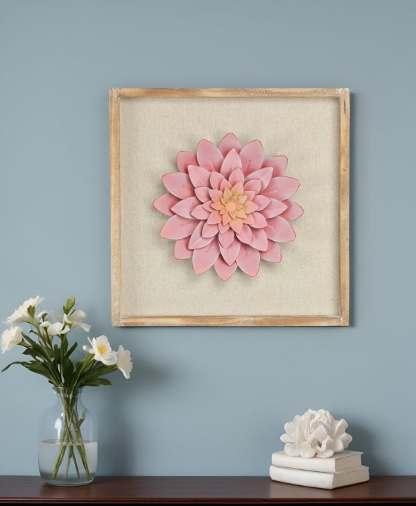 12" X 13" Pink and Off White Flower Wood and Metal Wall Decor