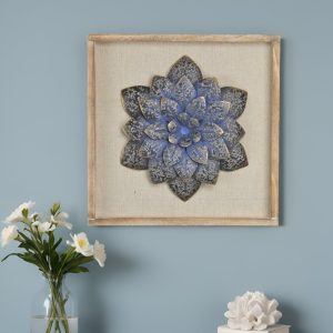 12" X 13" Dark Blue Flower Wood and Metal Wall Decor