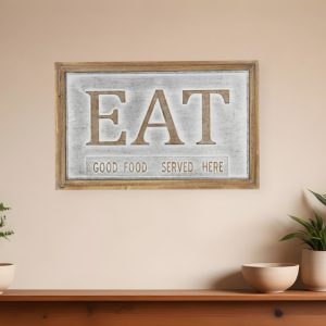 14" X 21" Gray and Brown Eat Wood and Metal Wall Decor