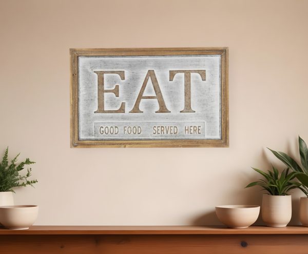 14" X 21" Gray and Brown Eat Wood and Metal Wall Decor