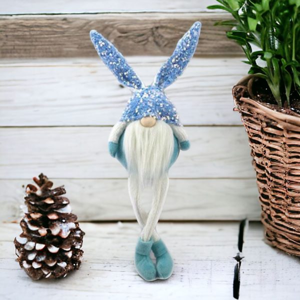 20" Blue and White Fabric Bunny Rabbit Sitting Gnome - Image 2