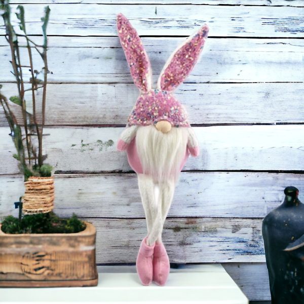 20" Pink and White Fabric Bunny Rabbit Sitting Gnome - Image 2