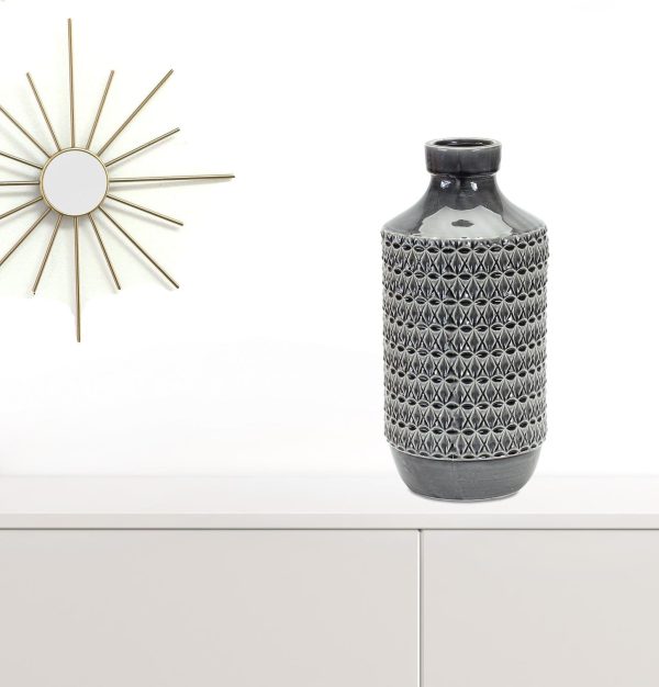 15" Gray Geometric Cylinder Terracotta Table Vase - Image 2