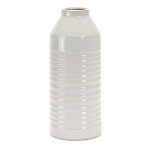 15" White Ribbed Cylinder Terracotta Table Vase