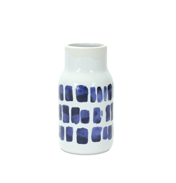 Set of Two Blue and White Abstract Cylinder Ceramic Table Vase - Image 2