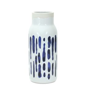 Set of Two Blue and White Abstract Cylinder Ceramic Table Vase