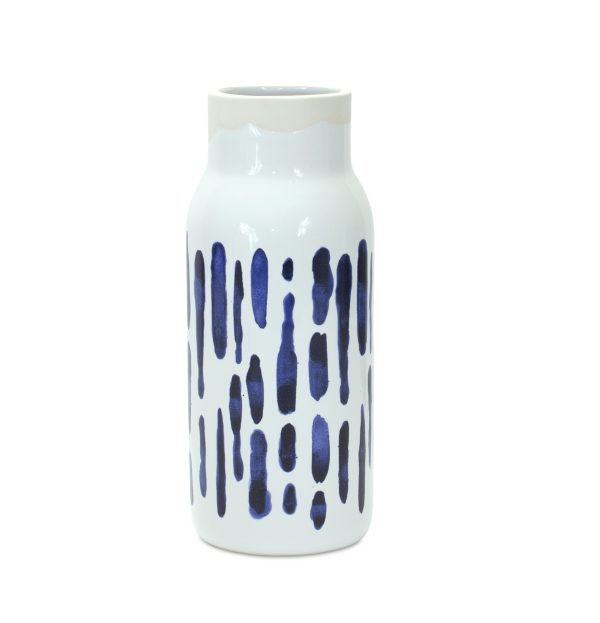 Set of Two Blue and White Abstract Cylinder Ceramic Table Vase