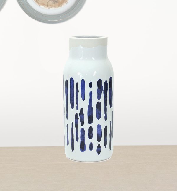 Set of Two Blue and White Abstract Cylinder Ceramic Table Vase - Image 3