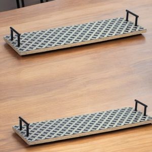 Set of Two Blue Solid Wood Geometric Serving Tray With Handles