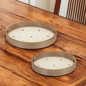 Set of Two Yellow Round Solid Wood Serving Tray With Handles