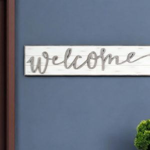 11" X 48" White and Gray Welcome Solid and Manufactured Wood Wall Decor