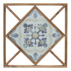 Set of Two 14" X 0" White Blue and Brown Floral Wood and Metal Framed Art