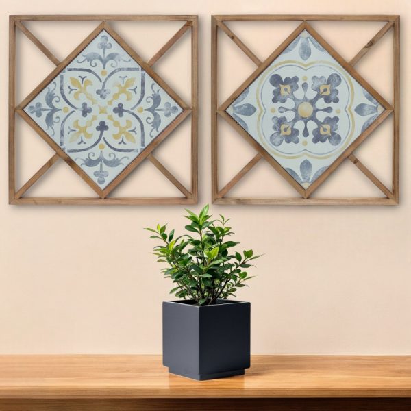 Set of Two 14" X 0" White Blue and Brown Floral Wood and Metal Framed Art - Image 2