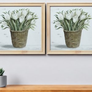 Set of Two 17" X 17" Natural and Green Flower Bouquet Solid Wood Framed Art