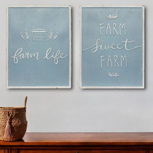 Set of Two 18" X 14" Blue and White Farm Sweet Farm Metal Wall Decor