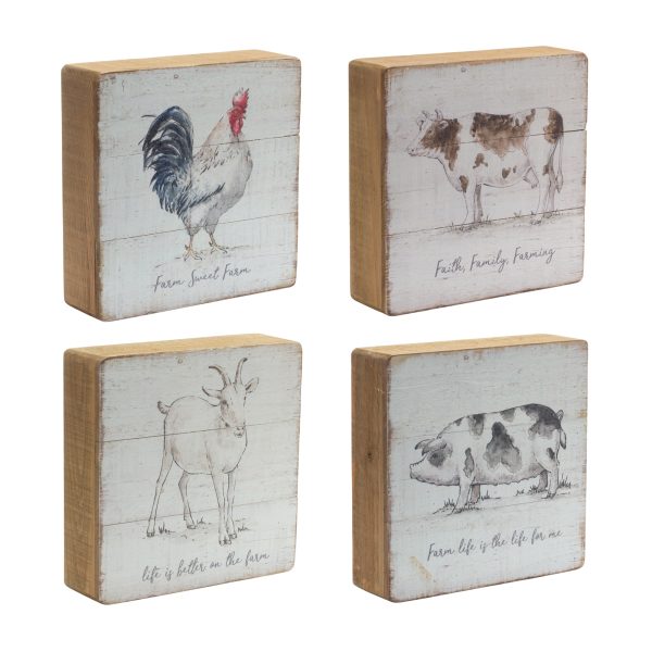 Set of Four 8" X 8" White and Natural Farm Animals Wood Framed Art - Image 2