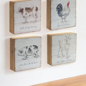 Set of Four 8" X 8" White and Natural Farm Animals Wood Framed Art