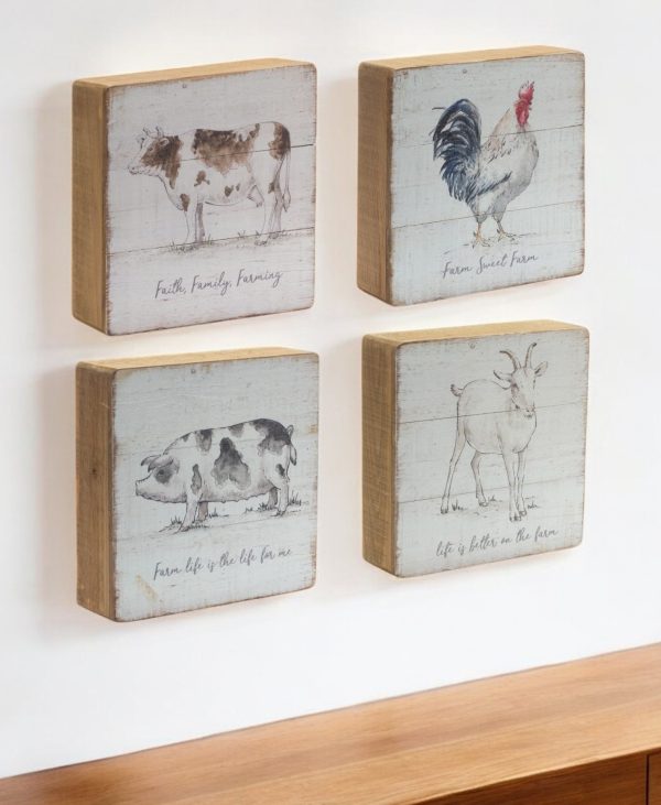 Set of Four 8" X 8" White and Natural Farm Animals Wood Framed Art