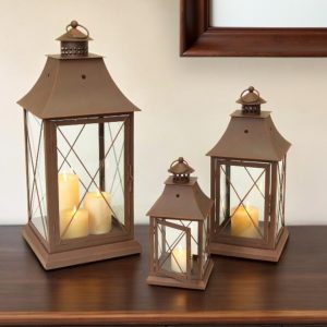 Set of Three Brown Glass and Metal Lattice Floor Lantern Candle Holders