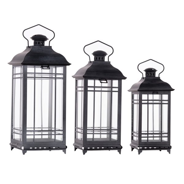 Set of Three Gray Glass and Metal Geometric Floor Lantern Candle Holders - Image 3