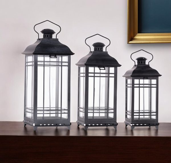 Set of Three Gray Glass and Metal Geometric Floor Lantern Candle Holders - Image 2