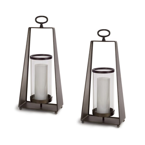 Set of Two Brown Metal And Glass Tabletop Lantern Candle Holders - Image 3