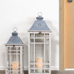 Set of Two White and Silver Metal Geometric Floor Lantern Candle Holders