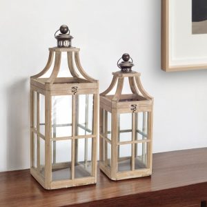 Set of Two Brown Wood and Glass Geometric Floor Lantern Candle Holders