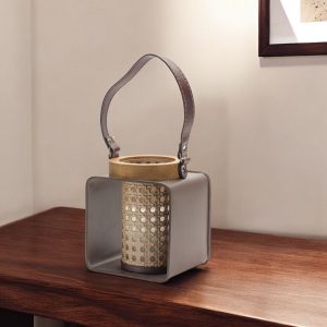 7" Natural and Brown Iron and Wood Lattice Tabletop Lantern Candle Holder