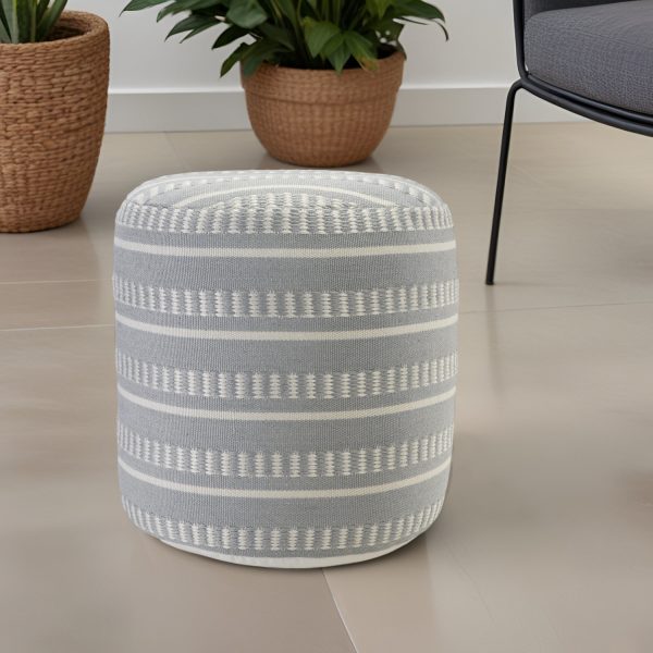 20" Blue Polyester Round Striped Indoor Outdoor Pouf Ottoman