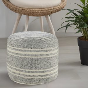 18" Gray Polyester Round Striped Indoor Outdoor Pouf Ottoman